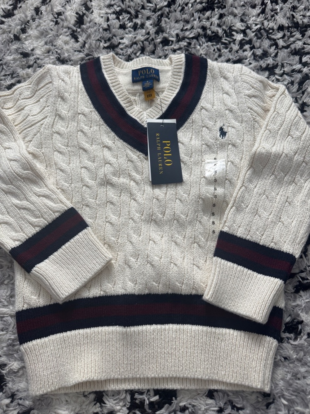 Polo by Ralph Lauren Cream Cable-Knit V-Neck Sweater with Navy & Burgundy Trim